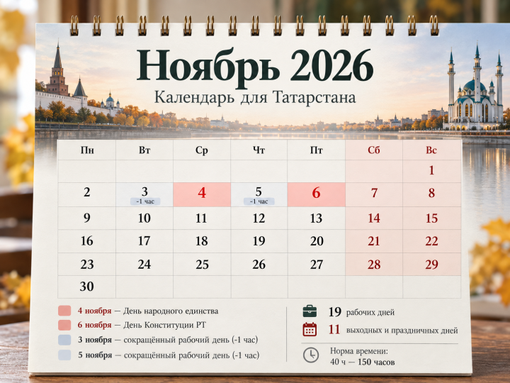 Татарстанцев ждут сокращённые рабочие дни и праздничные выходные в ноябре